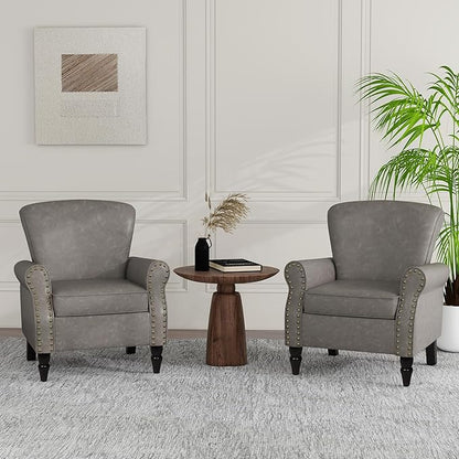 Accent Chair, Mid Century Modern Faux Leather Arm Chair with Wood Leg for Living Room, Bedroom, Comfy PU Leather Club Reading Chairs with Wingback & Nailhead Trim (Leather Grey, Set of 1)