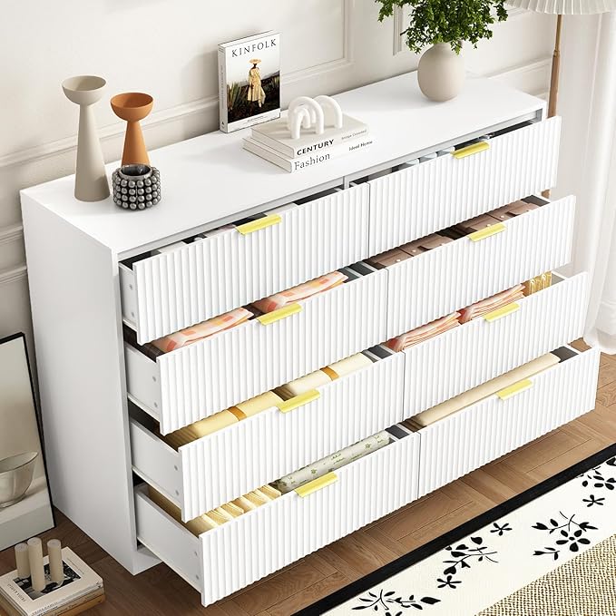 3-Piece Modern Bedroom Furniture Set, Wide 8-Drawer Dresser & 3-Drawer Nightstands Set of 2, Natural Wood Dresser and Nightstand Sets for Bedroom, Hallway, White