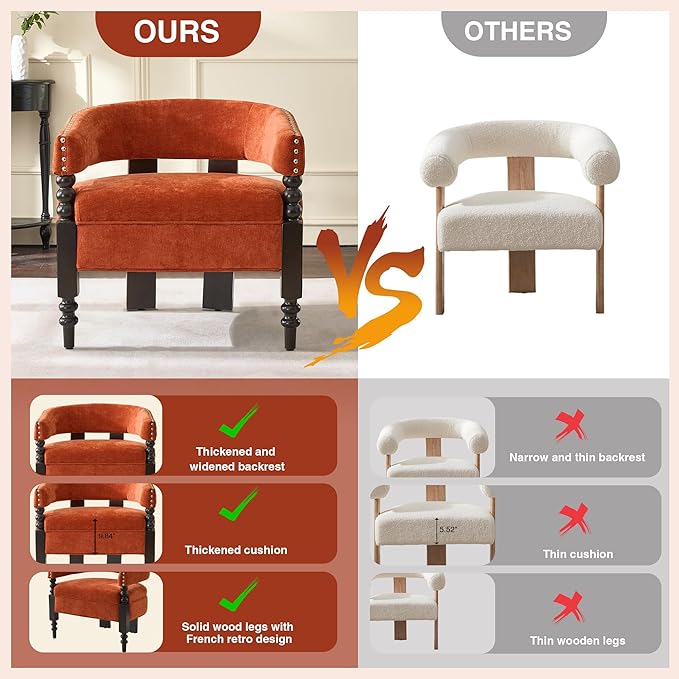 LOULENS Barrel Accent Chairs Set of 2, Vintage Chenille Upholstered Lounge Chair with Solid Wood Legs, Comfy Leisure Side Armchair for Living Room, Bedroom, Reading Nook, Corner, Orange