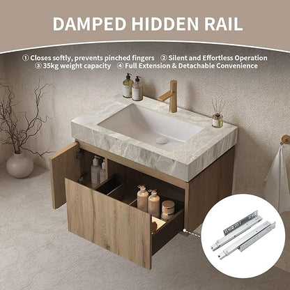 Bathroom Vanity with Sink 30 Inch, Floating Bathroom Vanity Sink Cabinet with Drawer and Door, Undermount Sink & Travertine-Pattern Sintered Stone Top, Pre-Assembled, White Oak