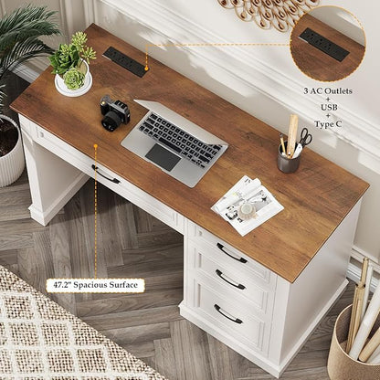 Farmhouse 47" Executive Desk, Computer Desk with Drawers and File Drawer, Workstation Computer Desk with Charging Station for Home Office,Study,（Unique White）