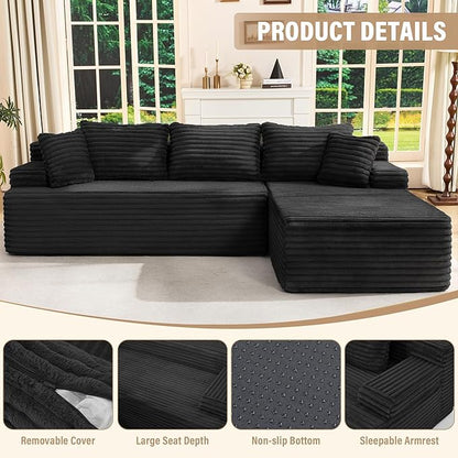 Hobestluk Modular Sectional Couch Sofa,96" Boneless Couches for Living Room, Memory Foam Sectional Couch with Oversized Chaise,L-Shape Couches (Black, Right Facing)