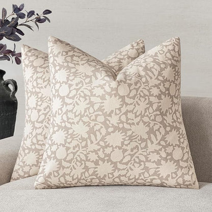 Foindtower Set of 2 Decorative Neutral Floral Throw Pillow Covers Accent Farmhouse Cushion Covers Boho Vintage Pillowcase for Couch Sofa Bedroom Living Room Home Decor,22×22 Inch,Ivory Beige