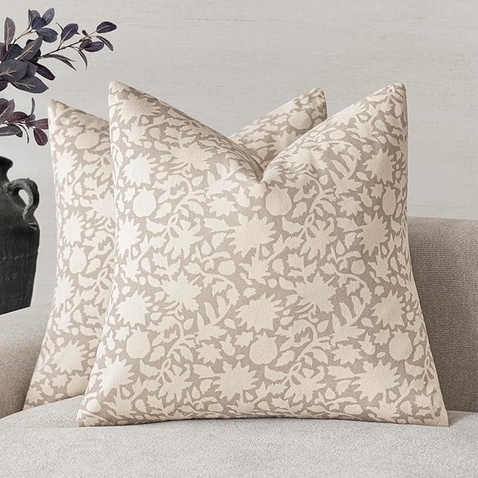 Foindtower Set of 2 Decorative Neutral Floral Throw Pillow Covers Accent Farmhouse Cushion Covers Boho Vintage Pillowcase for Couch Sofa Bedroom Living Room Home Decor,24×24 Inch,Ivory Beige