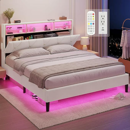 Queen Bed Frame with Storage Headboard and RGB LED Lights, Velet Upholstered Platform Bed Frame Queen Size with Type-C & USB Charging Station, Stable Easy Assembly,Creamy White