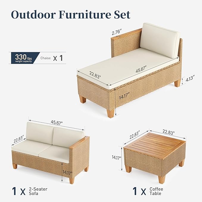 Small Patio Furniture Set, 3 Piece Wicker Outdoor Patio Conversation Set, Outside L-Shaped Sectional Sofa Couch with Chaise Lounge and Coffee Table for Porch Balcony Deck