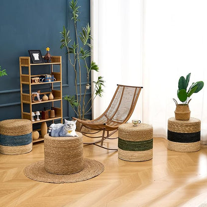 Wimarsbon 18'' Ottoman Pouf, Natural Braided Poof, Rustic Handweave Lounge Pouffe, Boho Footrest Stool for Bedroom, Accent Table for Living Room (18inch Natural Cattail + Green Corn Husk)