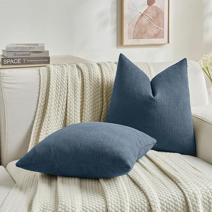 FUTEI Navy Blue Decorative Throw Pillow Covers 22x22 Inch Set of 2,Soft Cozy Wheat Ear Striped Patterns Cushion Cases,Modern Home Decor for Couch Bed Living Room
