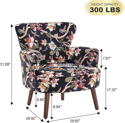 Floral Accent Chair, Upholstered Living Room Chairs with Solid Wood Legs, Mid Century Modern Velvet High Back Armchair for Living Room, Bedroom, Black