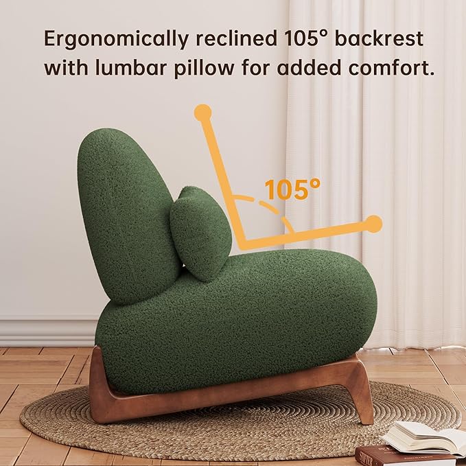 Morden Fort Sherpa Boucle Chair Single, Tilted Modern Wood Sofa Chair with Thick Cushion Comfortable Lumbar Pillow Armless Reading Accent Chairs Compatible with Sofa Set Couch for Living Room, Green