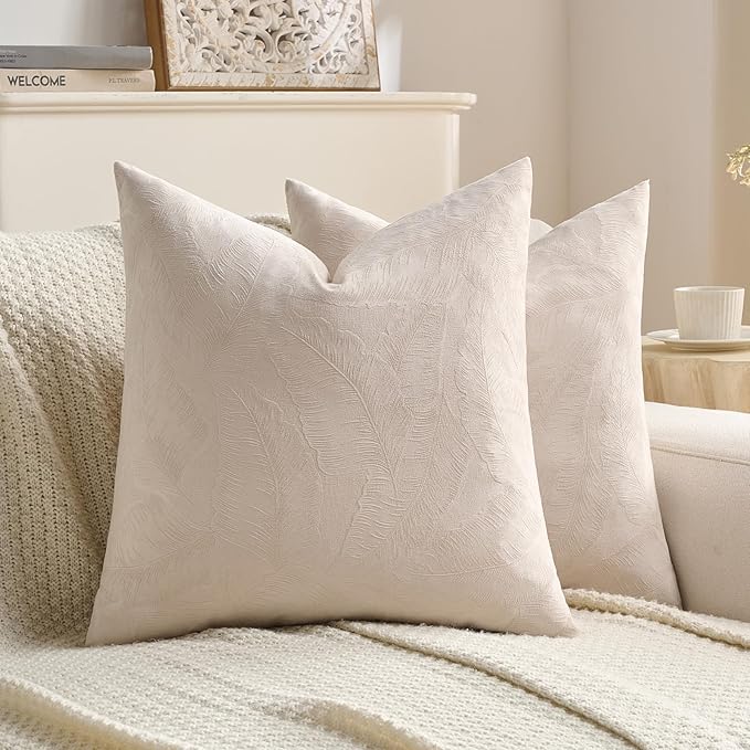 FUTEI Beige Velvet Throw Pillow Covers 26x26 Inch Set of 2,Soft Embossed Leaf-Relief Textured Euro Pillow Shams,Natural Home Decor for Couch Living Room