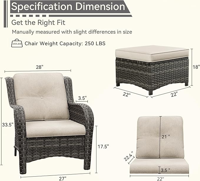 4 Pieces Patio Conversation Set, Wicker Chairs Set of 2 and Two Ottomans with 3.5-inch Seat Cushions, High Back and Curved Armrest for Backyard, Balcony and Deck, Beige