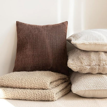 Foindtower Pack of 2 Soft Textured Chenille Throw Decorative Pillow Covers Square Accent Solid Cushion Cover Cozy Neutral Farmhouse Pillow Case for Couch Sofa Bedroom Living Room 18x18 Inch,Red Brown