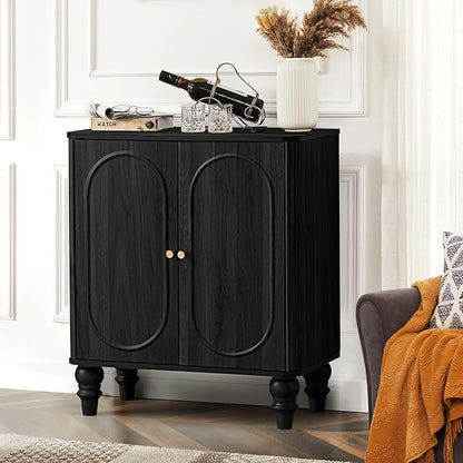ORRD Fluted Storage Cabinet, Modern Credenza Wooden Accent Sideboard Buffet Cabinet with Adjustable Shelves and Solid Wood Legs, Console Table for Kitchen Dining Living Room Entryway, Black