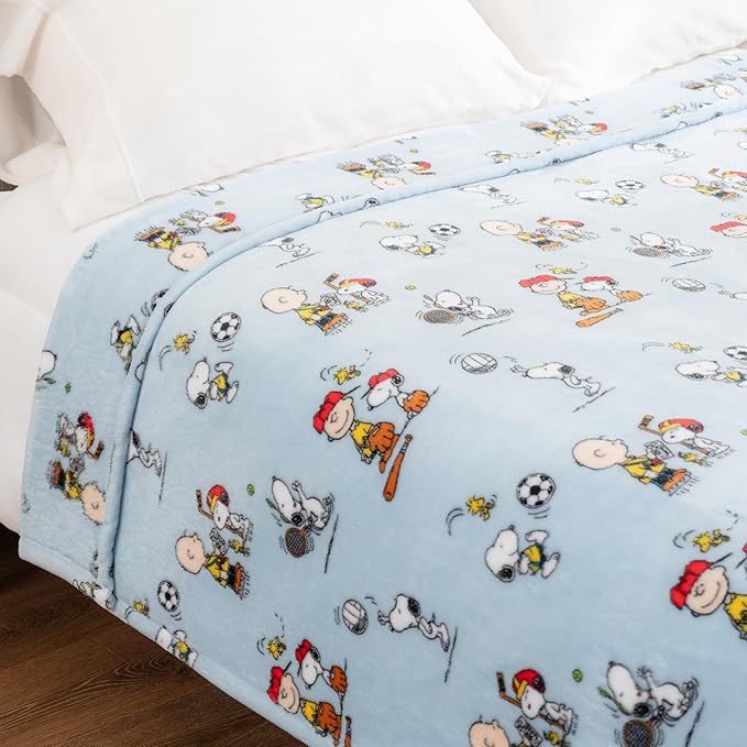 Berkshire Blanket Peanuts® VelvetLoft® Cute Character Snoopy Plush Blanket,Snoopy The Athlete Closed in Blue,Twin 60 in x 90 in (Official Peanuts® Product)