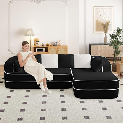 106" Cloud Sectional Sofa, Modern Boneless Couch for Living Room, Deep Seat Comfy Teddy Fabric L Shaped Sofa Chaise, No Assembly Required (Black, 106" L Shape with Right Facing Chaise)