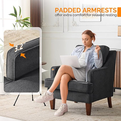 VINGLI Mid-Century Modern Accent Chairs Set of 2, Black Upholstered Armchair Comfy Sofa Chairs Reading Chair High Back for Living Room Bedroom Furniture Apartment