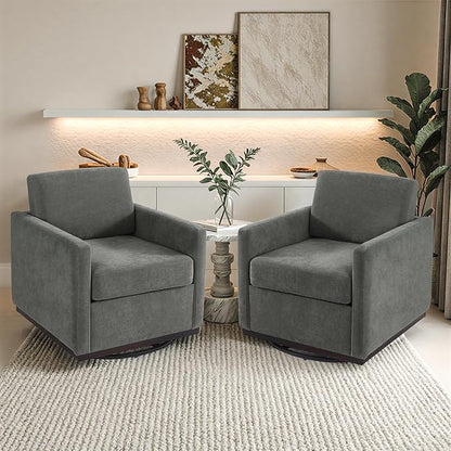 Pia Ricco Single Swivel Barrel Chair, Mid-Century Modern Accent Armchair with Plush Chenille Upholstery for Living Room & Cozy Reading Nook, Dark Gray