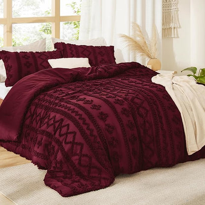 Bedsure Tufted Boho Comforter Set Twin Size - Dark Red Boho Bed Set, GentleSoft™ 2 Pieces Farmhouse Shabby Chic Embroidery Bedding, Gifts for Woman, Soft Jacquard Twin Comforter for All Seasons