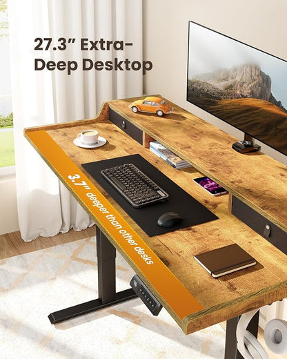 ErGear Electric Standing Desk with Drawers, 63″ x 28″ Gaming Table Compatible Monitor Stand, Stand up Desks, Home Office Height-Adjustable Desk with Storage Shelf, 4 Preset Heights, Vintage Brown
