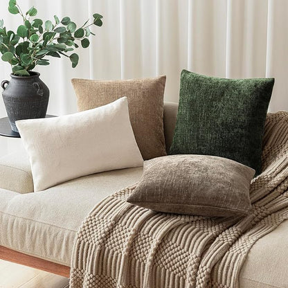 Foindtower Pack of 2 Soft Textured Chenille Throw Decorative Pillow Covers Square Accent Solid Cushion Cover Neutral Farmhouse Pillow Case for Couch Sofa Bedroom Living Room 16x16 Inch,Dark Green