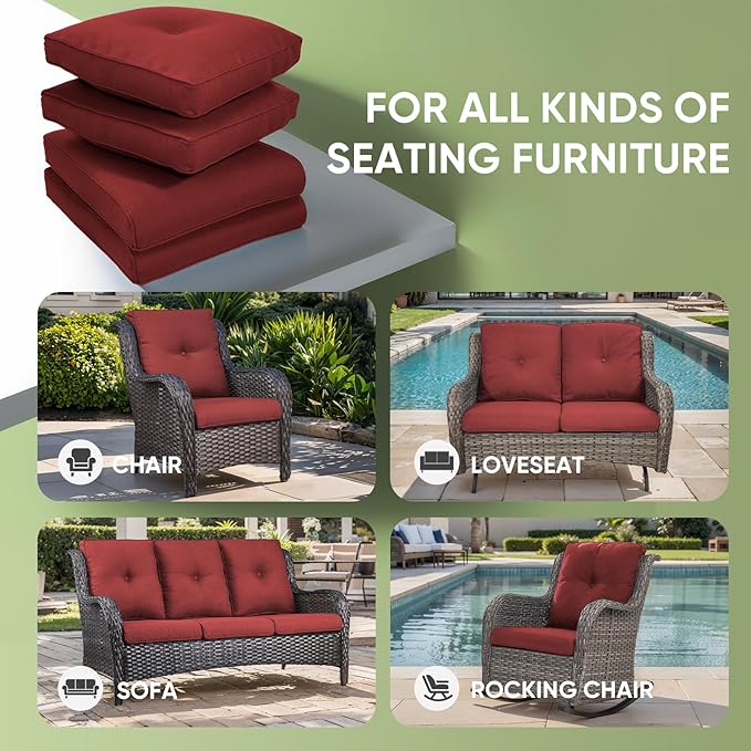 Outdoor Chair Cushion Set of 2, Waterproof Outdoor Seat Cushions 25x22, Patio Chair Cushions for Outdoor Furniture, Couch Cushion Replacement, Include 2 Back & 2 Seat Cushions, Button/Red