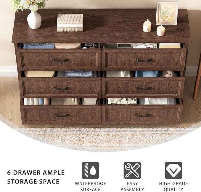 Farmhouse 6 Drawer Dresser for Bedroom, 55 Inch Wide Modern Brown Dresser TV Stand with Large Drawers & Bar Handles, Rustic Wood Chest of Drawers for Bedroom, Living Room, Hallway