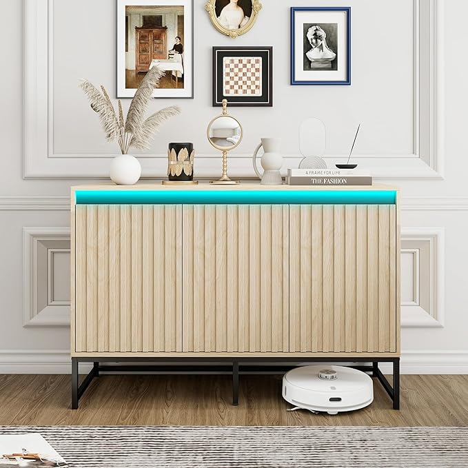 Fluted Sideboard Buffet Cabinet with Storage, 47" Wood Storage Cabinet with Doors and Adjustable Shelves LED Light, Modern Credenza for Kitchen, Dining Room, Living Room, Entryway, Oak