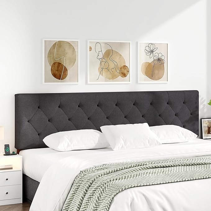 King Upholstered Headboard Only for Bed Frame from 65”-78”, Adjustable Height King XL Headboards with Durable Wood Legs, Fabric Bed Board in Modern Button Design, Dark Grey