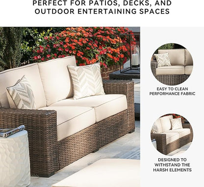 Signature Design by Ashley Coastline Bay Casual Weather Resistant Outdoor Loveseat with Cushion and 2 Throw Pillows, Nuvella Weather Resistant Fabric, Beige & Dark Brown