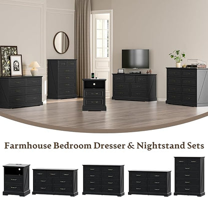 Farmhouse 6 Drawers Dresser for Bedroom, 43" Tall Wood Chest of Drawers with Deep Drawers & Bar Handles, Modern Dresser TV Stand, Rustic Wooden Closet Storage Organizer for Living Room, Hallway, Black
