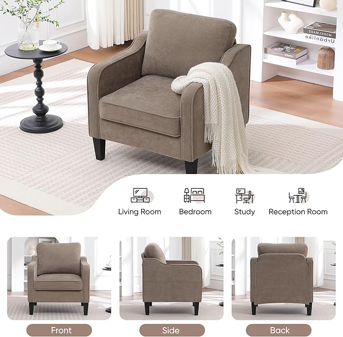 Accent Chairs Set of 2, Upholstered Living Room Chair with Side Pockets, Mid Century Modern Reading Chair for Bedroom, Comfy Armchair Single Sofa Side Chair for Office, Small Room, Brown