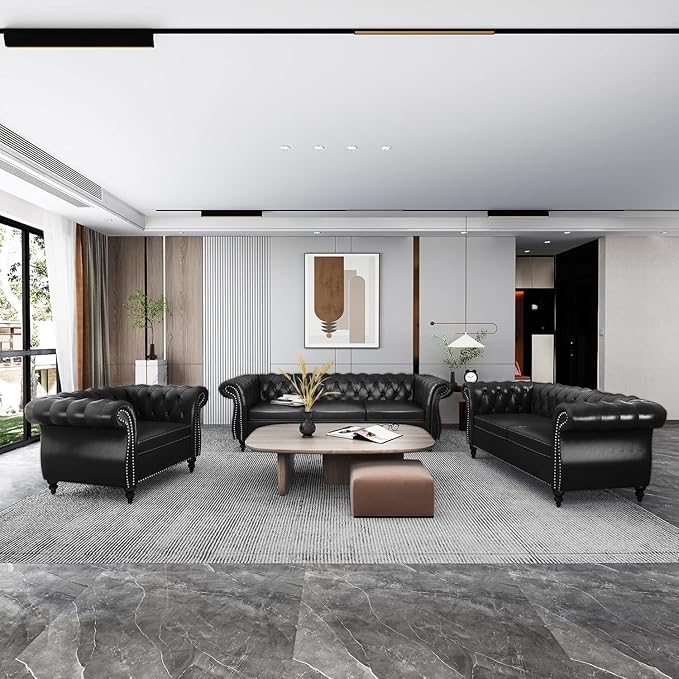 Chesterfield 3 Seater Sofa, Modern Leather Tufted Couch 3 Seater with Rolled Arms and Nailhead Mid-Century Upholstered Couch for Living Room, Bedroom, Apartment and Office, Black