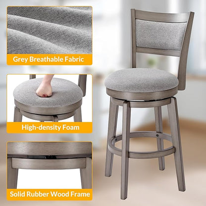 PrimeZone Swivel Bar Stools Set of 4, 26 Inch Counter Height Barstools, High Back Bar Stool with Solid Wood Legs & Wrap-Around Footrest, Counter Stools for Kitchen Island, Pub, Grey