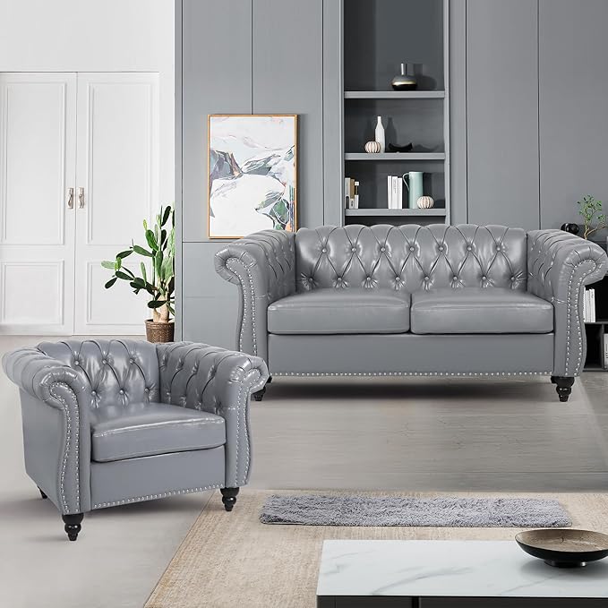 Faux Leather Sofa Couches Set, Modern Comfy Upholstered Couch with Cushions, Home Sofa Sectional Furniture Sets, 3-Piece Mid Century Tufted Chesterfield Couches for Living Room, Bedroom, Office