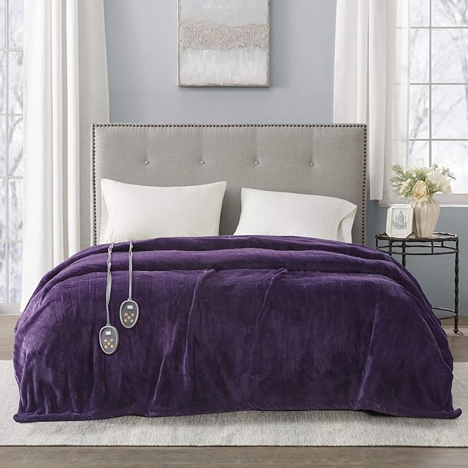 Beautyrest Heated Electric Blanket for Cold Weather, Fast Heating Heated Blanket, Auto Shut Off, Virtually Zero EMF, Multi Heat Setting, UL Certified, Purple Twin (84 inx62 in)
