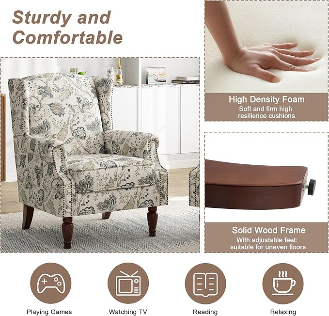 Pia Ricco Set of 2 Floral Accent Chairs, High Back Upholstered Armchairs with Retro Wingback Design, Nailhead Trim & Solid Wood Legs for Living Room Bedroom(Plants Beige)