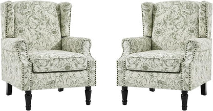 Wingback Accent Chairs Set of 2, High Back Upholstered Armchair, Printed Fabric Wingback Arms Chairs with Wood Legs, Single Sofa Reading Chair for Bedroom Living Room, Green Pattern