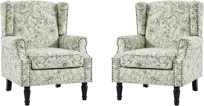 UIXE High Back Floral Accent Chairs Set of 2, Fabric Upholstered Armchair Wingback Arm Chair for Living Room, Nailhead Trim Single Sofa Bedroom Side Reading Seat with Solid Wood Legs - Rococo Green
