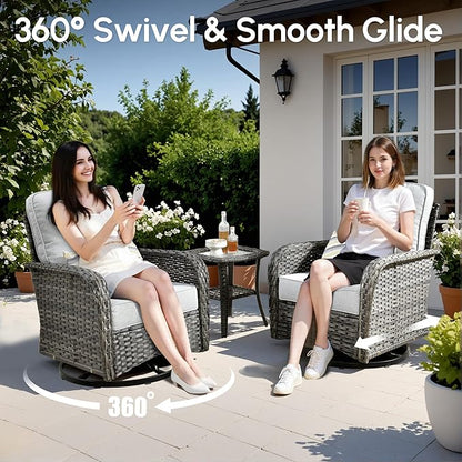 Wicker Rocking Chair Swivel Chairs - 3 Piece Rocker Glider Patio Chairs Set Rattan Rocking Chair for Outdoor Porch Deck Garden Backyard,Grey