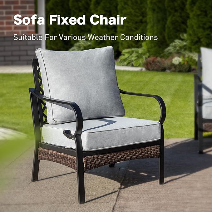 6 Piece Metal Outdoor Patio Furniture Sets, Patio Conversation Sets 1 3-Seater Sofa, 4 Single Sofa with 5.75" Thick Cushion & Coffee Table, Black Frame Backyard Furniture, Light Gray