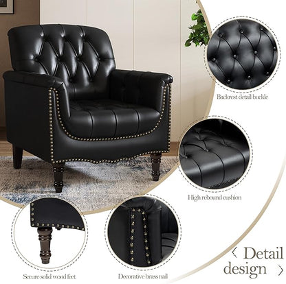 Pia Ricco Modern Tufted Accent Chair, Single Faux Leather Armchair with Nailhead Trim & Wood Legs, Comfortable Upholstered Seat for Living Room, Office - Black