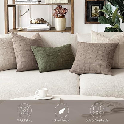 Foindtower Set of 2 Decorative Linen Check Throw Pillow Covers Neutral Farmhouse Vintage Cushion Covers Modern Boho Home Decor for Sofa Chair Couch Bedroom Living Room,20×20 Inch,Tan Taupe