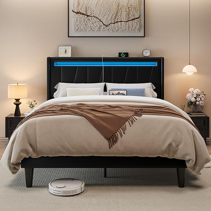 Allewie Queen Size LED Bed Frame with Charging Station, Velvet Upholstered Platform Bed with Geometric Wingback Headboard, Modern Frame with No Box Spring Needed, Easy Assembly, Black