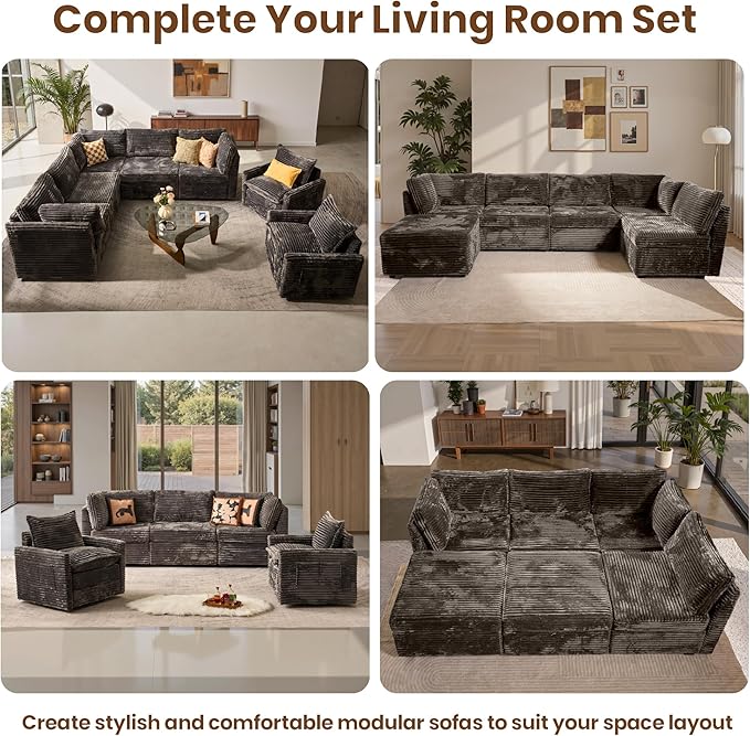 32.7'' Corner Seat for Modular Sectional Sofa, Deep Seat Upholstered Convertible Sleeper Sofas, L/U/V Shaped Plush Corduroy Cloud Couch for Living Room Apartment, Grey