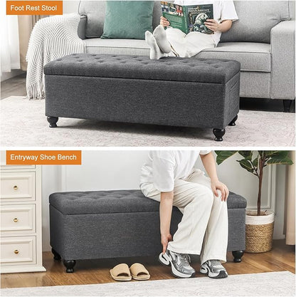 Storage Ottoman Bench 46 Inch Ottoman Bench with Storage Fabric Tufted Benches for End of Bed, Upholstered Ottomans Benches King Size with Hinged Lid for Living Room Bedroom Dark Grey