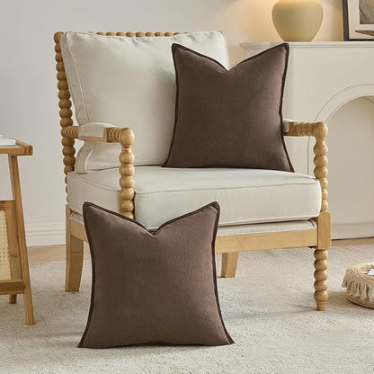 FUTEI Dark Coffee Chenille Throw Pillow Covers 24x24 Inch Set of 2,Edges Double-Stitched European Cushion Cases,Modern Home Decor for Couch Living Room