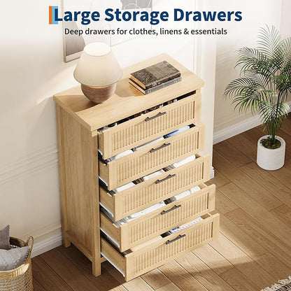 GarveeHome Fluted 5 Drawer Tall Dresser for Bedroom, 42.9 in Chest of Drawers, Wooden Dresser Chest with Clothes Storage Cabinet, Drawer Organizer, TV Stand for Bedroom, Living Room, Hallway, Natural