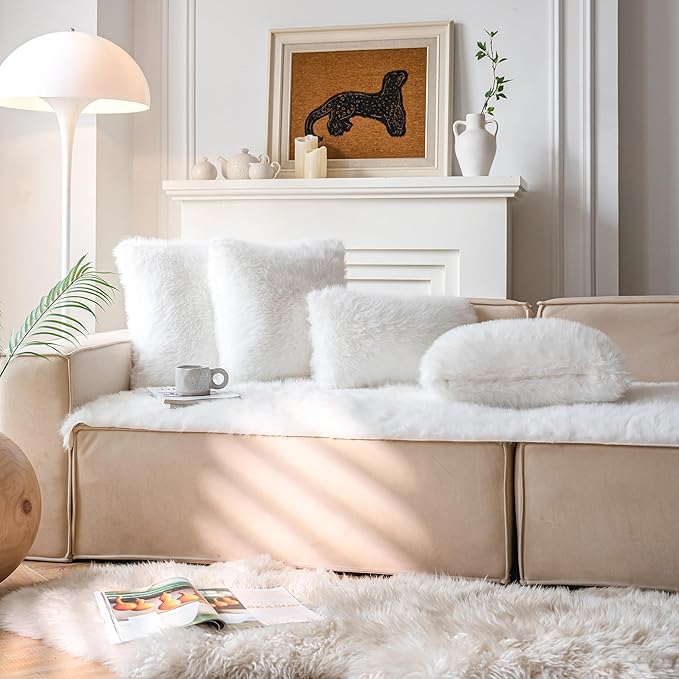 Neelvin Cream White Faux Fur Cozy Fluffy Double-Sided Decorative Throw Pillow Covers 24x24 inch Set of 2,Velvet Pillowcase Cushion Case for Sofa Couch