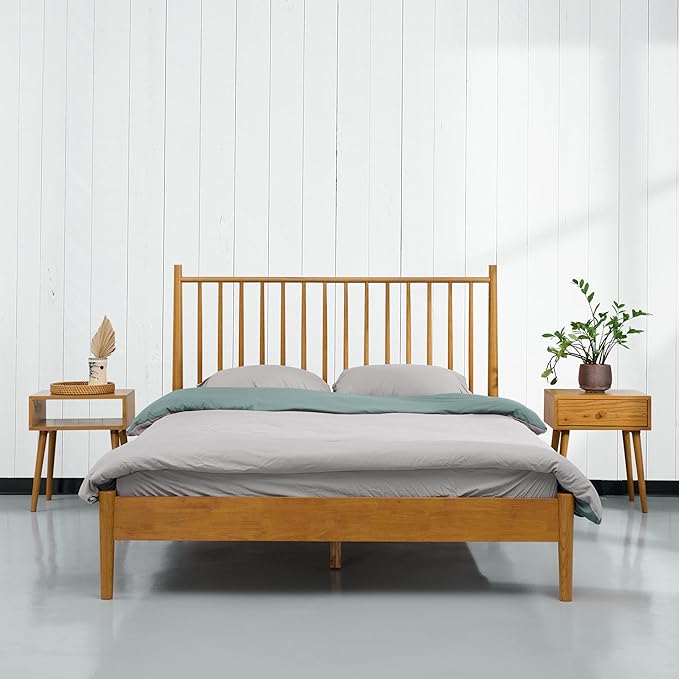NTC Inno Wooden Bed Frame with Headboard, Solid Oak and Rubber Wood Foundation with Silent Slats and Wood Central Supports, 1000 Lb Capacity, Effortless Assembly, King - Rustic Oak